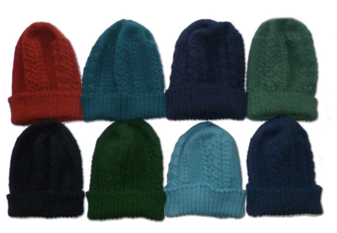 Hand-knitted Gansey-patterned Beany hats in a range of colours